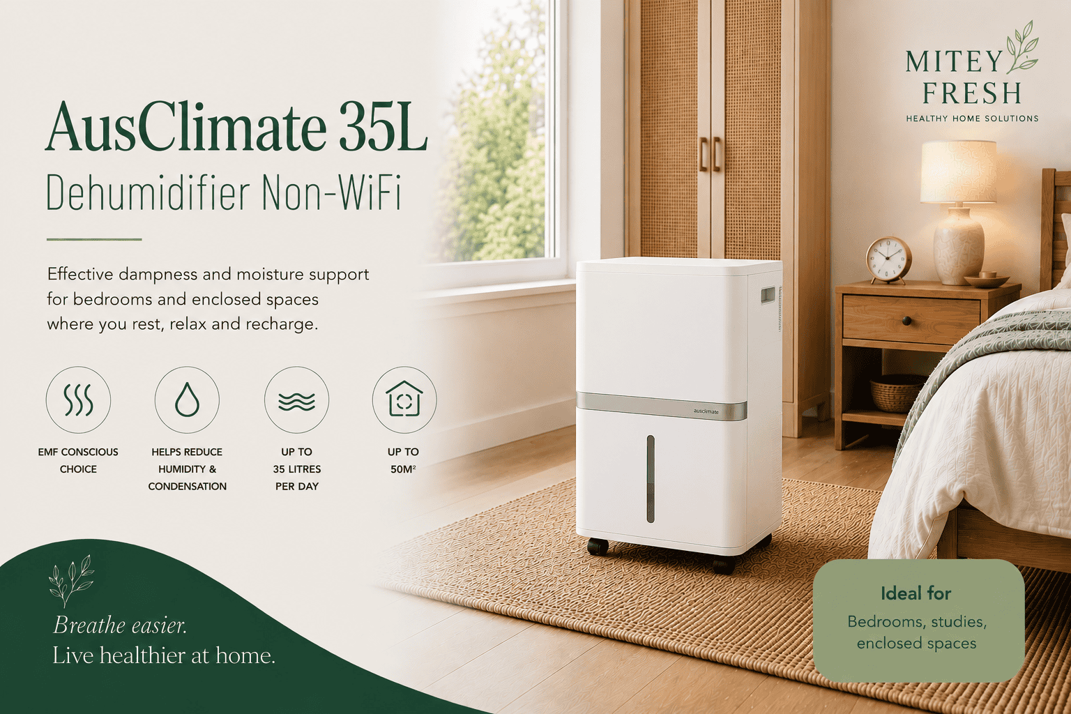 35L non-WiFi dehumidifier supporting moisture control in an EMF-conscious bedroom environment