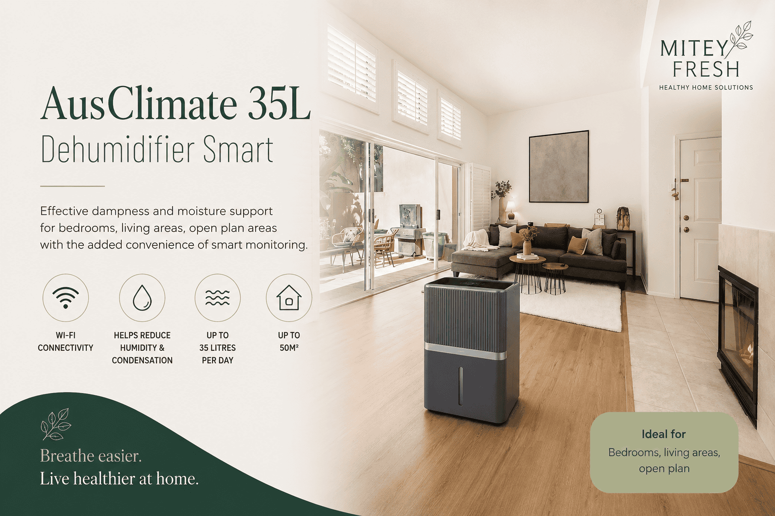35L smart WiFi dehumidifier managing humidity in a modern living room