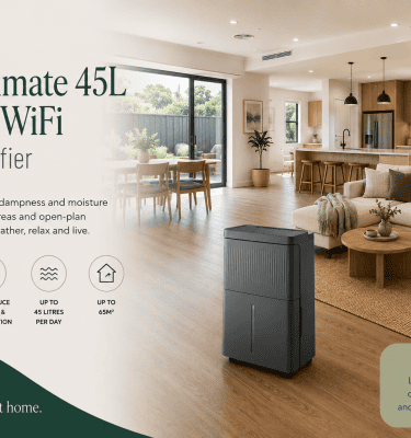 AusClimate 45L Smart WiFi Dehumidifier for larger homes and open-plan living areas requiring higher-capacity moisture control.