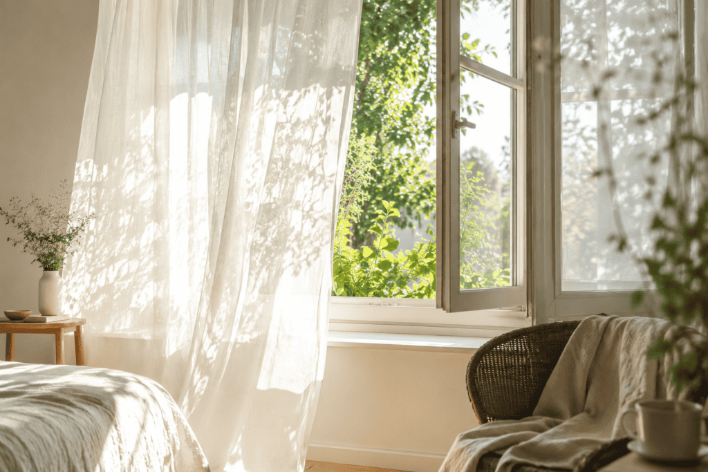 Open bedroom window allowing fresh air and natural ventilation into the room