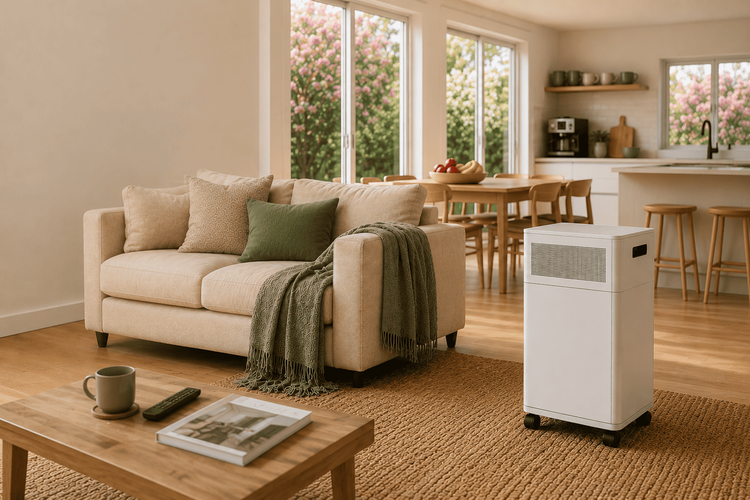 Inova E20 air purifier positioned within a calm open-plan living room and family entertainment space