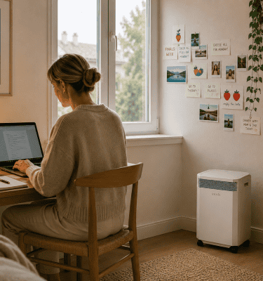 Calm study space with natural light and healthy home atmosphere