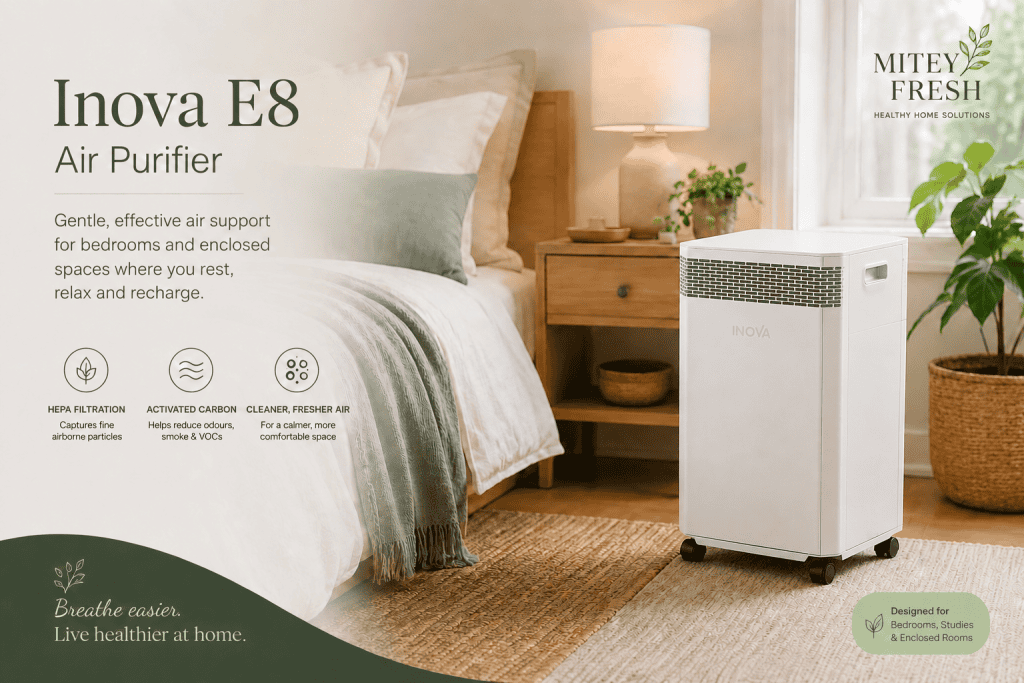 Inova E8 air purifier supporting cleaner indoor air in a bedroom