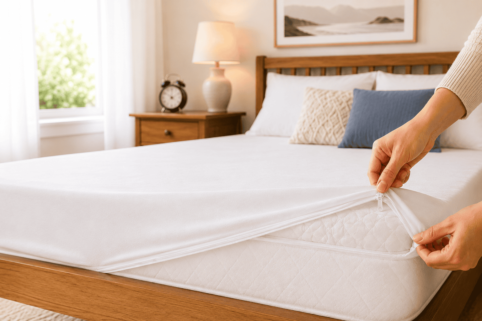 MiteGuard Dust Mite Mattress Protector with full mattress encasement for breathable allergen protection.