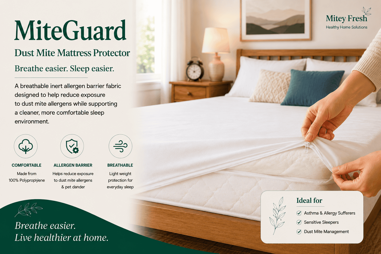 MiteGuard Dust Mite Mattress Protector with full mattress encasement for breathable allergen protection.