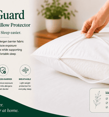 MiteGuard Dust Mite Pillow Protector protecting a pillow with breathable inert fabric allergen barrier for healthier sleep.
