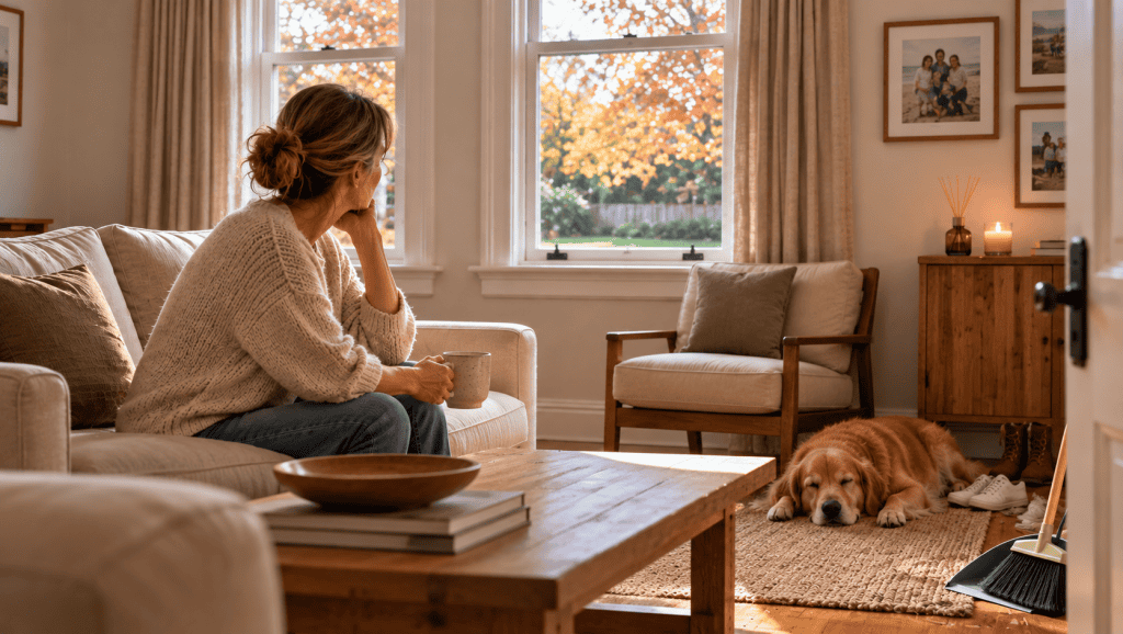 Person sitting indoors and observing the home during autumn