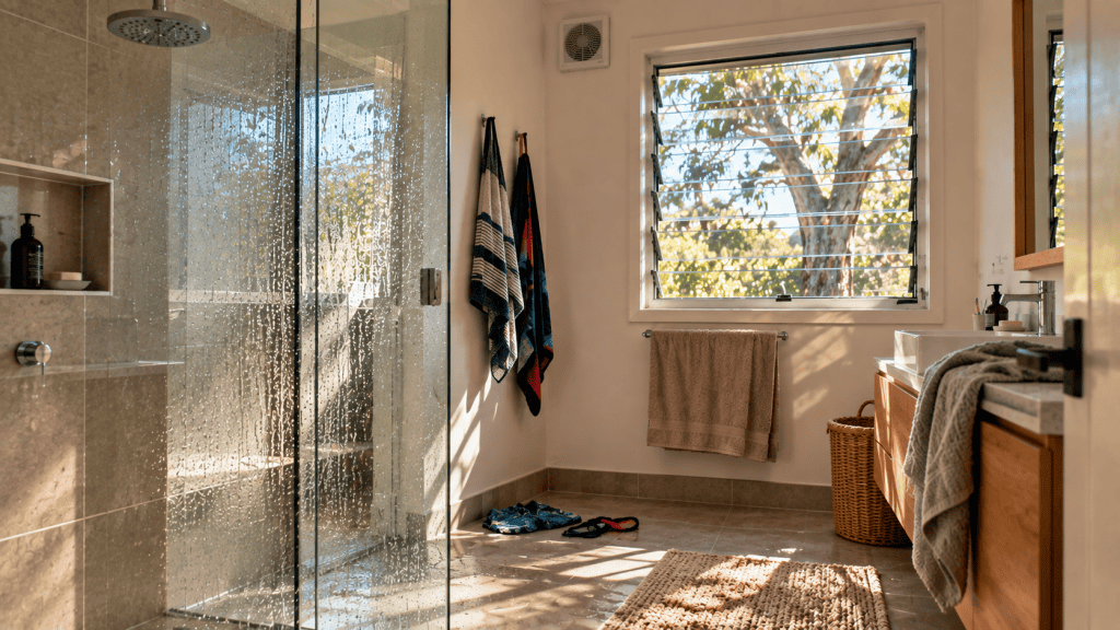 Bathroom with an open window supporting ventilation after bathing