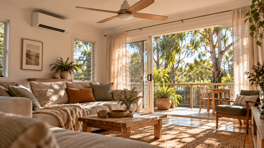 Ceiling fans and open windows supporting airflow through a summer living space