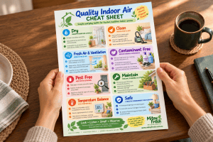 Hands holding the Mitey Fresh Quality Indoor Air Cheat Sheet, a colourful illustrated guide to healthier indoor living.