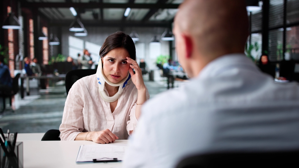 Woman with personal injury is consulting with lawyer