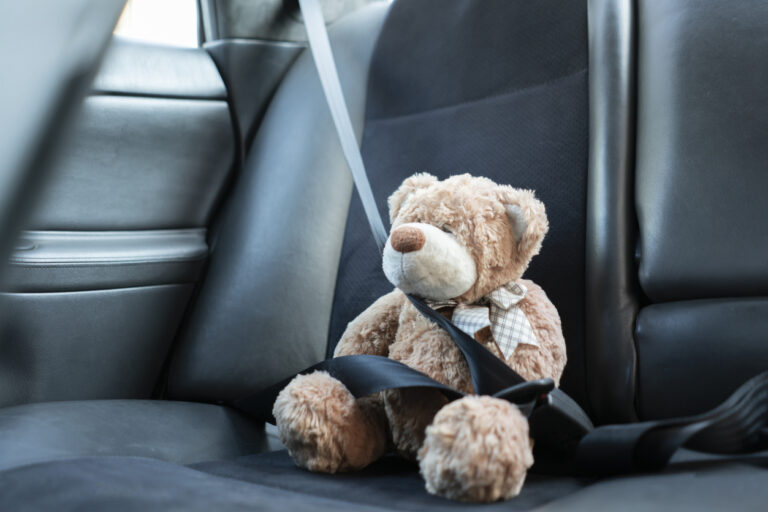 Child’s teddy bear buckled with seatbelt showing child car safety after accident