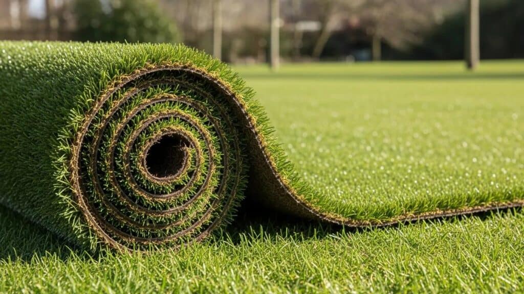 Comparison of high-quality artificial turf and natural grass textures on display