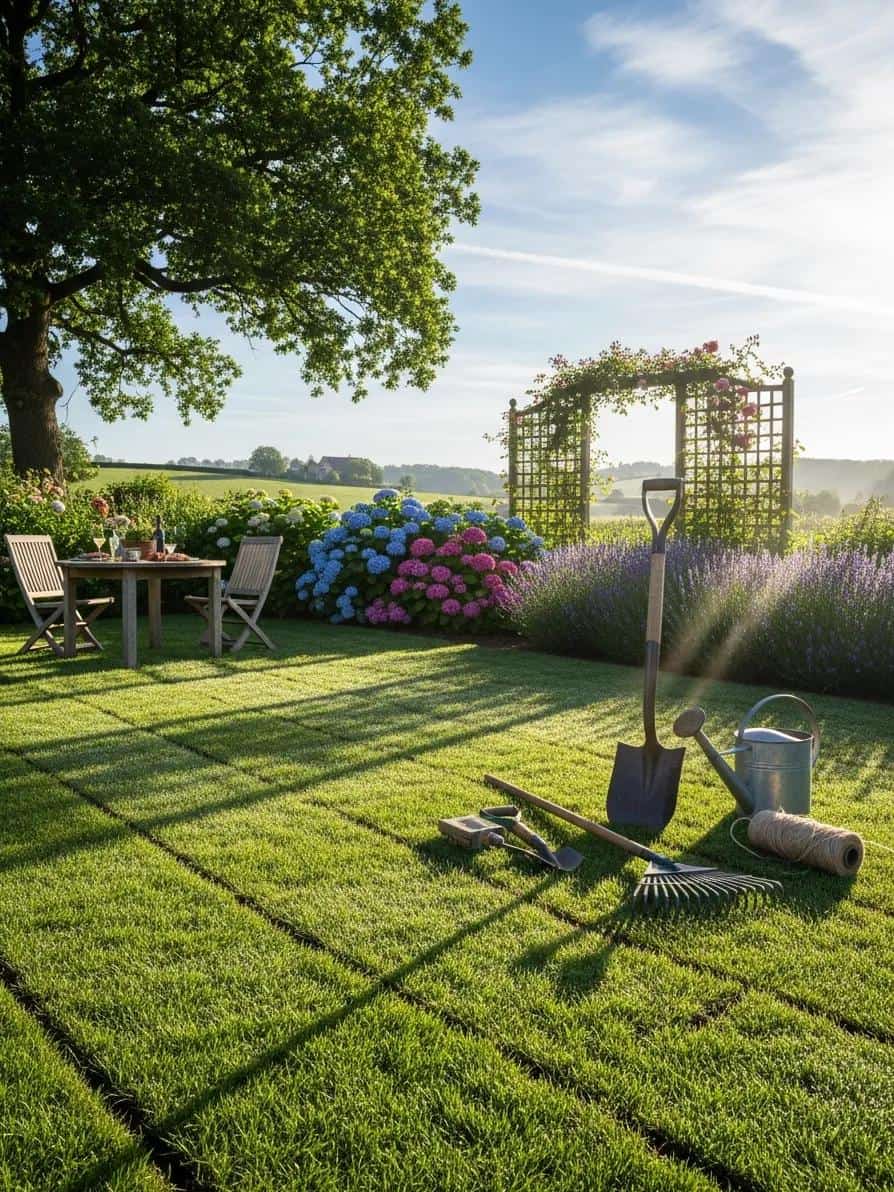 Freshly laid sod in a sunny garden, highlighting summer lawn care tips