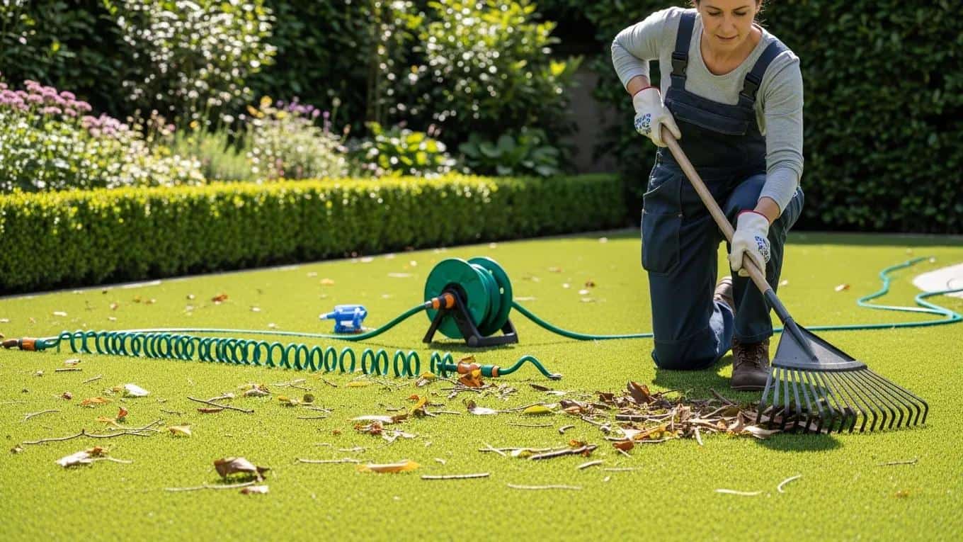 Homeowner maintaining artificial turf, illustrating cleaning and inspection activities