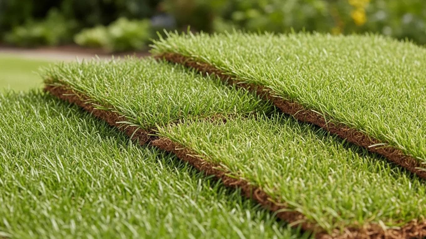 Varieties of grass sod including Kentucky Bluegrass and Tall Fescue displayed for comparison