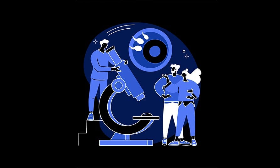 Scientists studying fertility with a microscope and DNA analysis tools.
