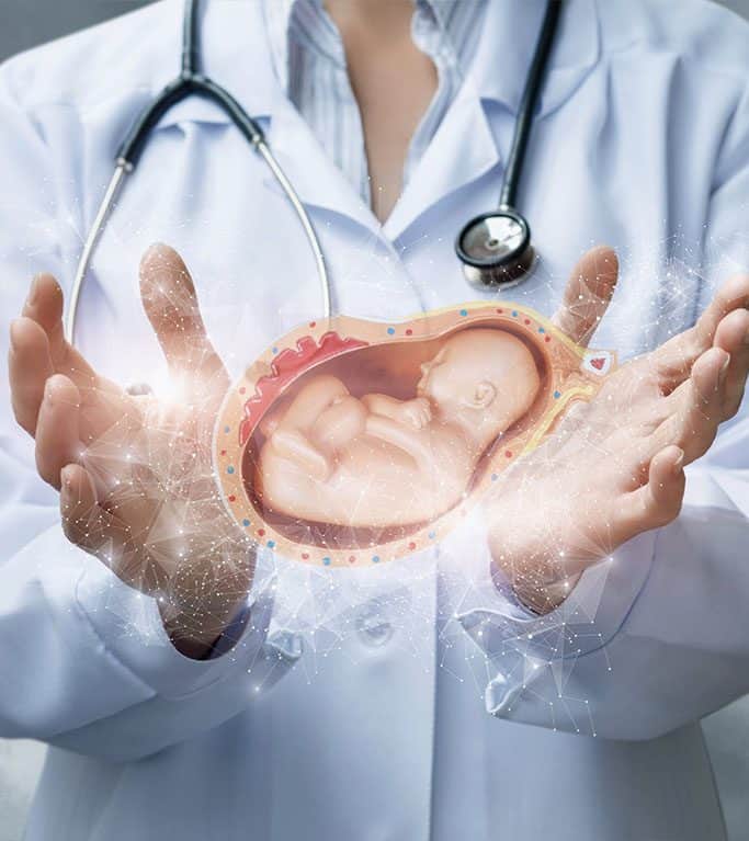 Doctor holding a 3D hologram of a developing fetus for IVF treatment.