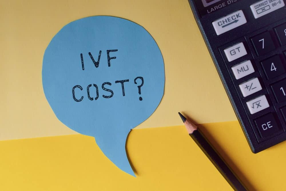 Speech bubble with 'IVF Cost?' and calculator on yellow background.