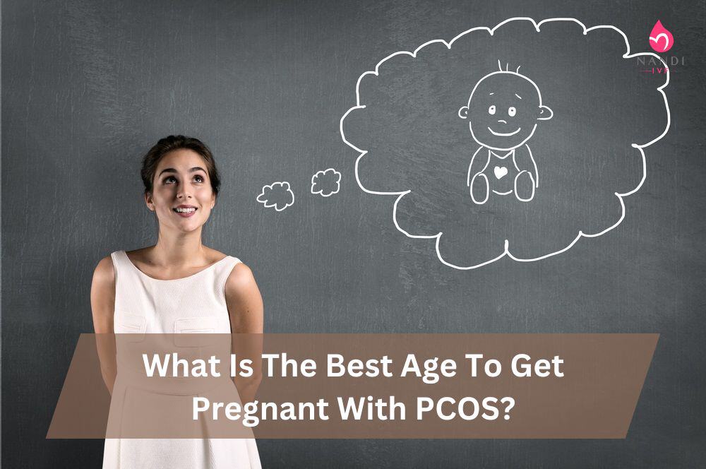 Woman thinking about pregnancy age with PCOS, chalk drawing of baby on blackboard.
