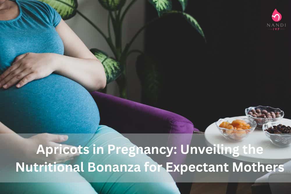 Pregnant woman with apricots and healthy snacks for expectant mothers.