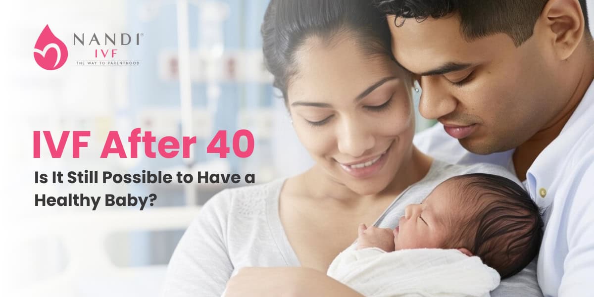 Happy couple with newborn baby, IVF after 40, fertility treatment success.