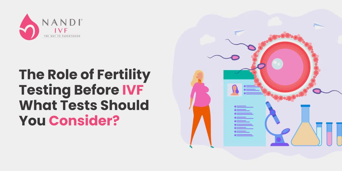 Illustration of fertility testing process with woman and lab equipment.