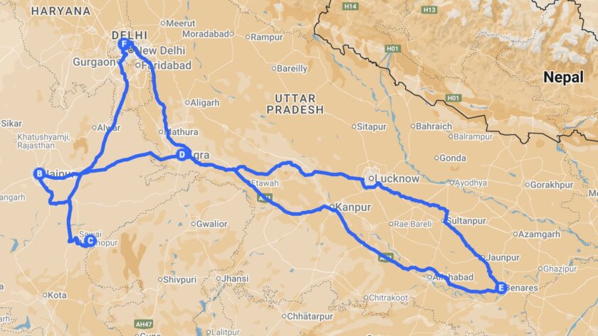 Rondreis Noord-India - ideale reisroute van 2 weken op de kaart