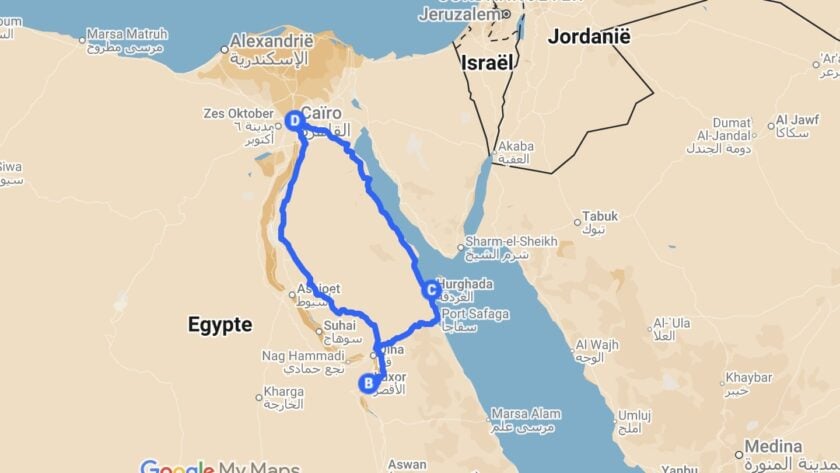 Rondreis Egypte met kinderen - reisroute van 1 week op de kaart