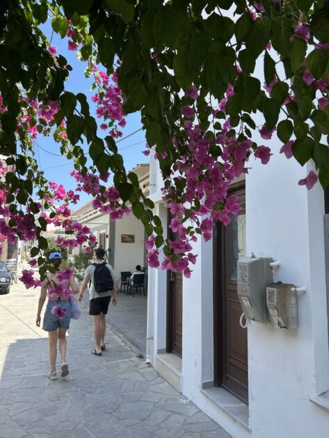 Kokkari op Samos Mel en Boy in de straatjes met bougainvillea