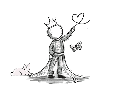 Eine einfache Strichzeichnung einer gekrönten Figur, die einen herzförmigen Luftballon hält, mit einem Kaninchen, einem Schmetterling und einem Marienkäfer in der Nähe.