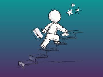 Eine Skizze einer gesichtslosen Figur in Geschäftskleidung, die eine Treppe zu drei Sternen hinaufsteigt und eine Aktentasche mit der Aufschrift "Ausbildung NLP" in der Hand hält, auf einem Hintergrund mit blauem bis violettem Farbverlauf.