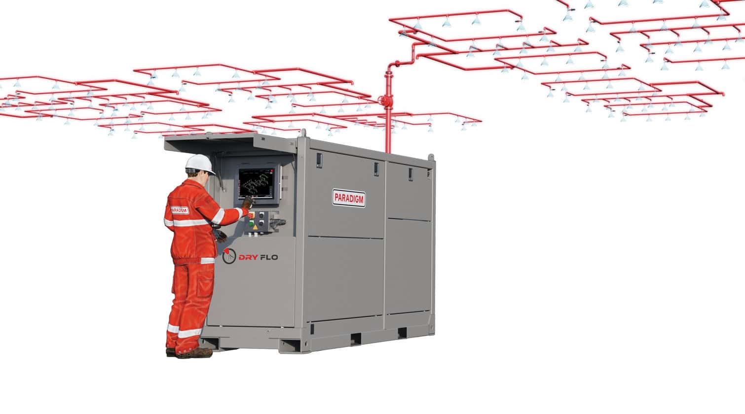 Paradigm Dry-Flo system with technician, blower unit and deluge pipework