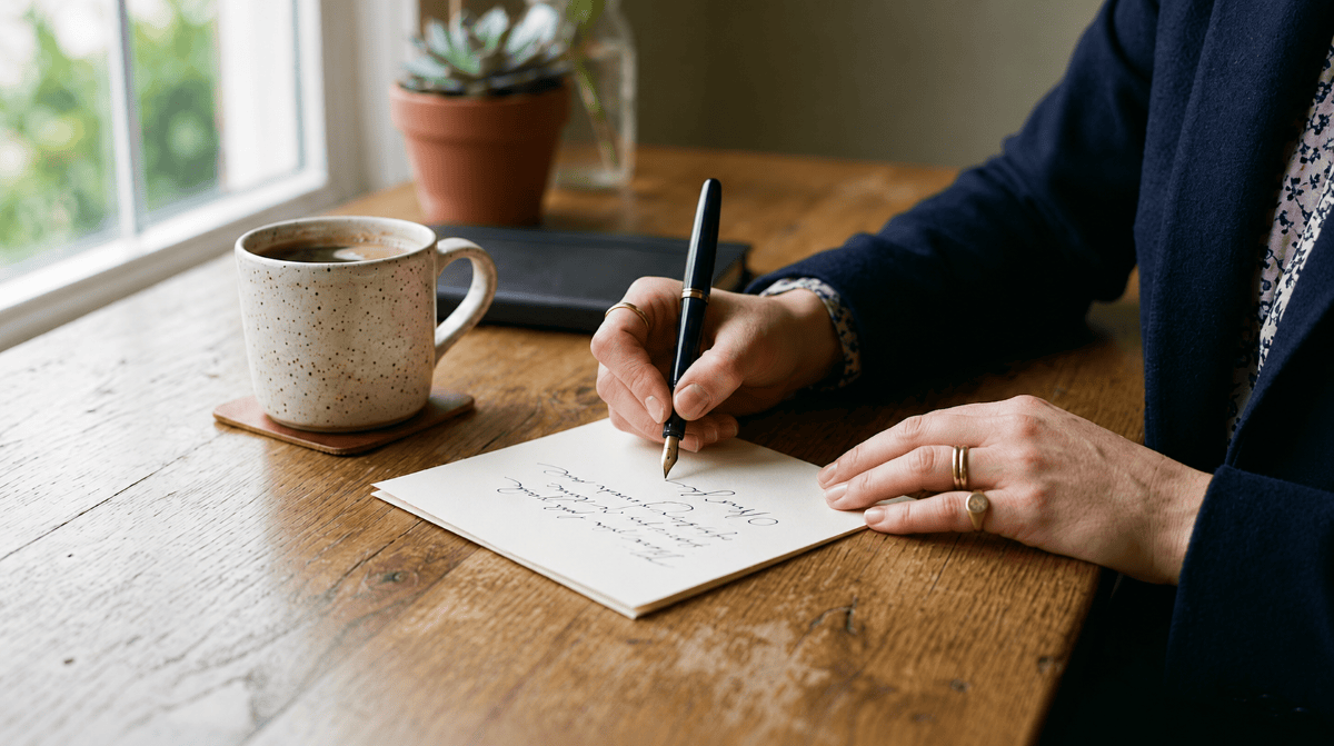 Business owner writing a handwritten Labor Day thank-you note to an employee