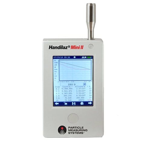 HandiLaz Mini handheld particle counter displaying measurement data on screen.