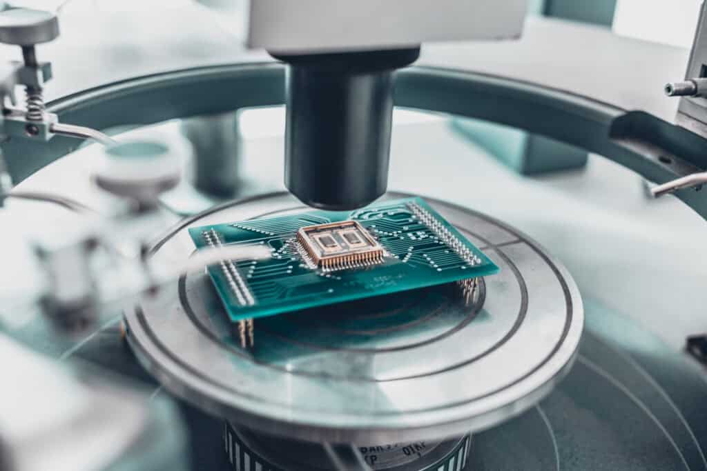 PCB with an integrated chip under a microscope-style inspection system on a rotating lab or manufacturing table.