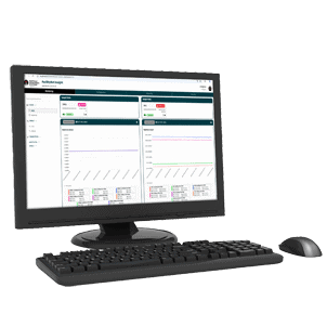 Computer monitor displaying Facility Net software with real-time contamination monitoring data and statistical graphs.