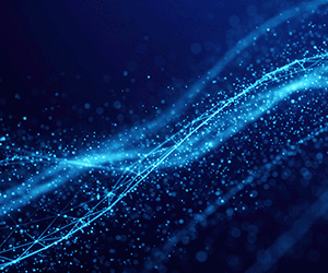 Abstract digital background with flowing blue wave-like lines and network connections