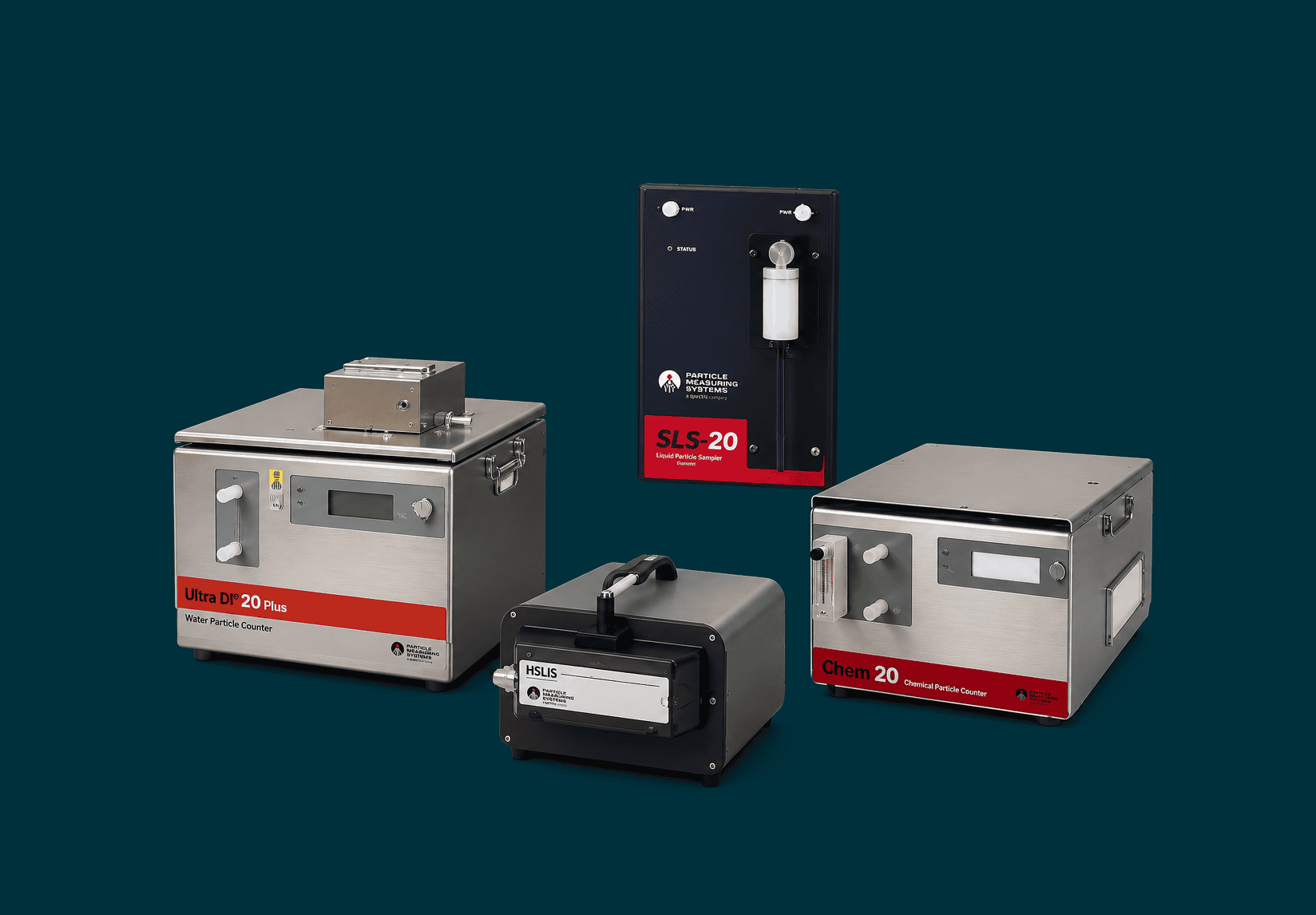 Selection of four Particle Measuring Systems liquid particle monitoring products displayed on a dark teal (#00303b) background, including the Ultra DI® 20 Plus, Chem 20™, HSLIS Liquid Particle Counter, and SLS-20 Liquid Particle Sampler for monitoring contamination in ultra-pure water and chemical processes.
