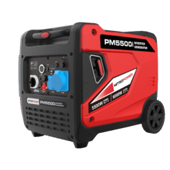 Mitropower PM5500i inverter generator schuin vooraanzicht met zicht op aansluitingen en trekkoord