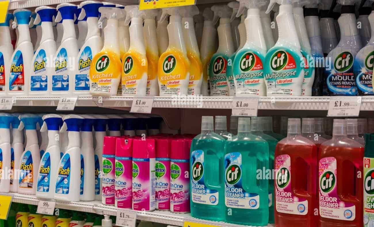 Cif multi-purpose and kitchen cleaning sprays and floor cleaners displayed on supermarket shelves. Suitable for household cleaning tasks.