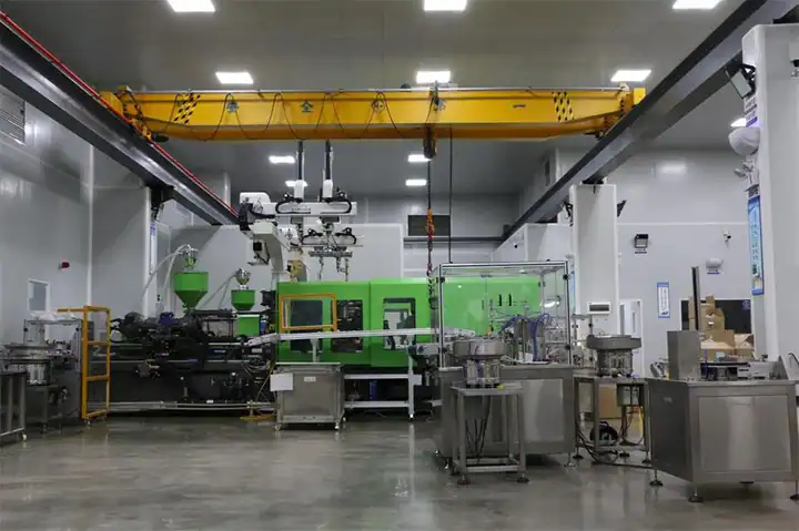 High-tech manufacturing facility with automated machinery and robotic systems for precision production processes in a clean industrial environment.
