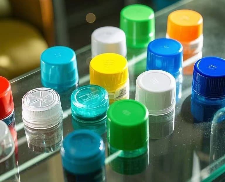 Colourful pill bottles and medication containers on a reflective surface, representing pharmaceutical packaging solutions and healthcare product management.