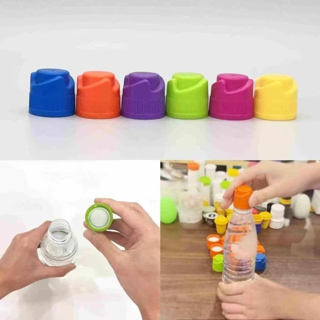 Colorful plastic bottle caps in various colors including blue, orange, purple, green, pink, and yellow arranged in a row.