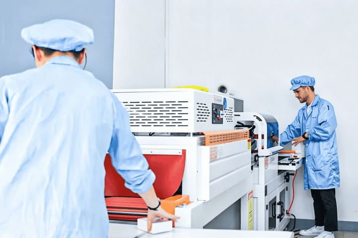 Two technicians in cleanroom suits operating advanced manufacturing equipment for high-precision production.