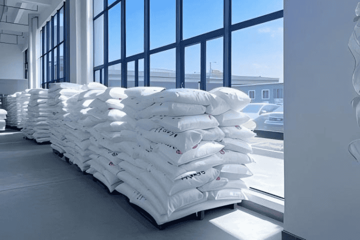 Supply chain warehouse with stacked white bags near large windows, showcasing logistics and storage solutions for efficient inventory management.