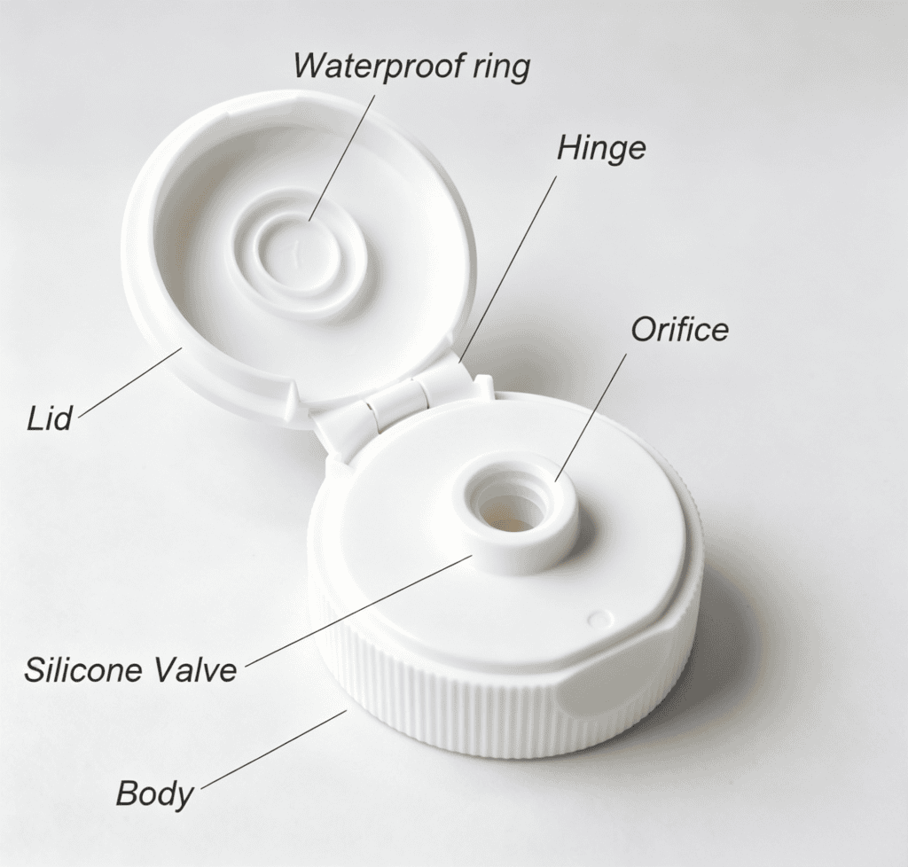 Waterproof ring, hinge, orifice, lid, silicone valve, and body components are clearly identified.