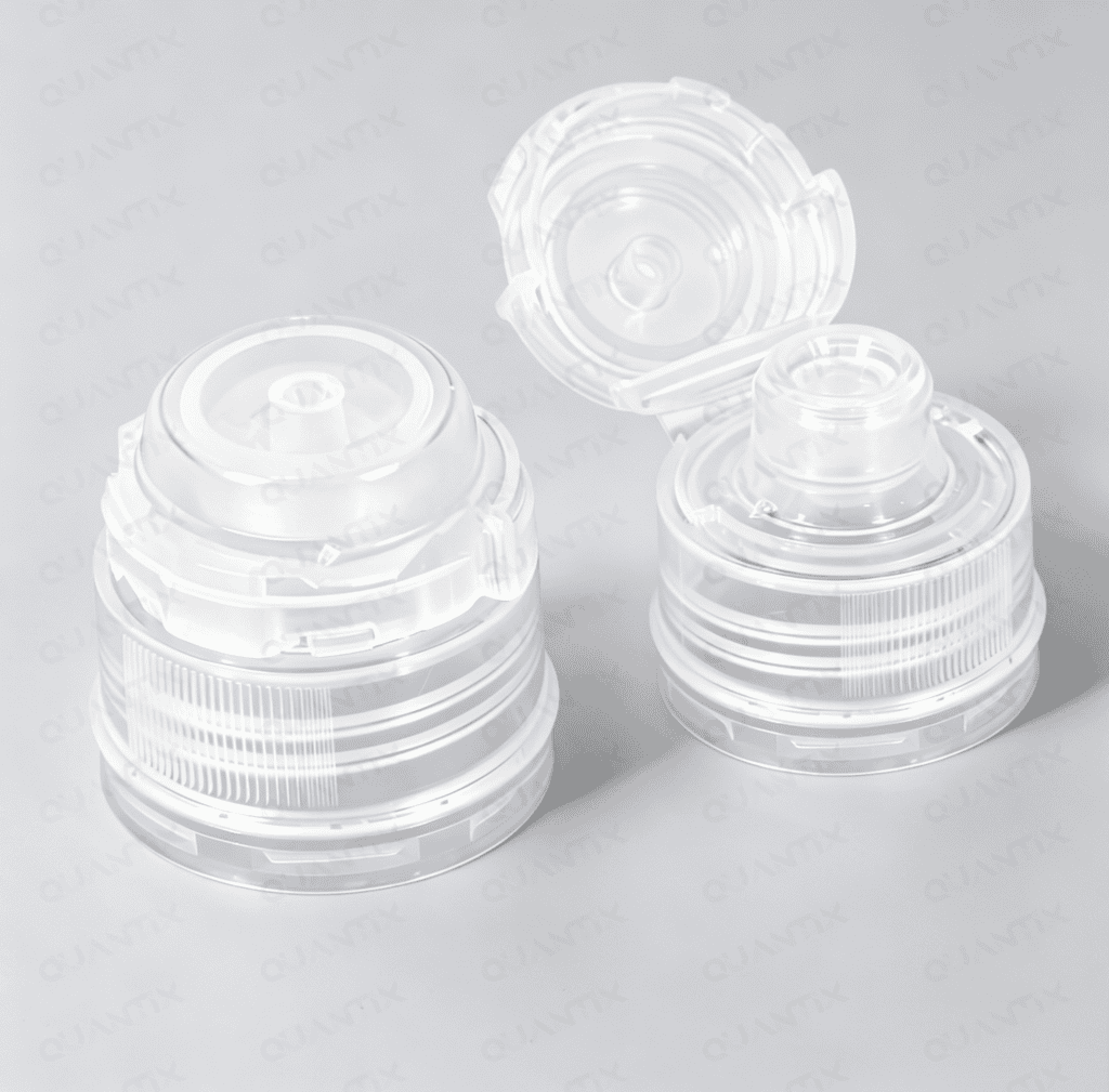 High-quality transparent flip top cap for bottles and containers.