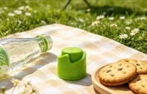 Eco-friendly reusable water bottle cap on a picnic blanket with cookies and a water bottle outdoors.