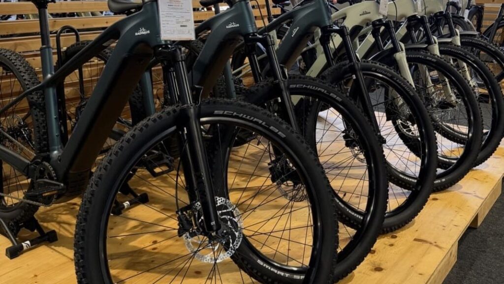 Mehrere E-Bikes in einem Fahrradgeschäft aufgereiht.